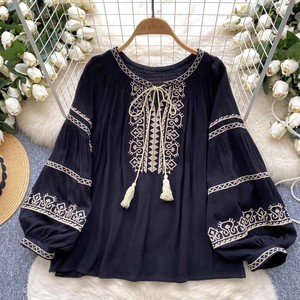 Camicette da <span class=keywords><strong>donna</strong></span> con ricamo floreale taglia unica camicetta Vintage con lacci e lanterna a maniche lunghe Boho Blusas - Product Image 3