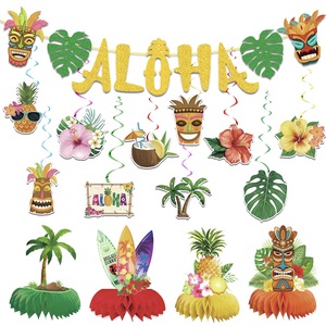 Ensemble de décorations pour fête hawaïenne, bannière Aloha, masques Tiki, palmiers, centres de table en nid d'abeille, fournitures pour fête de plage d'anniversaire - Product Image 1