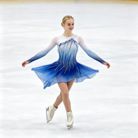 Robe de patinage artistique dégradé blanc-bleu, manches longues, dos profondement ouvert, jupe ornée de strass pour compétition et performance adultes et enfants
