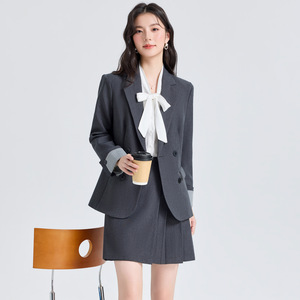 Women's Gray Suit Set Solid Color Wool Blend Work Professional Spring Casual Suit Jacket And Skirt - Product Image 1