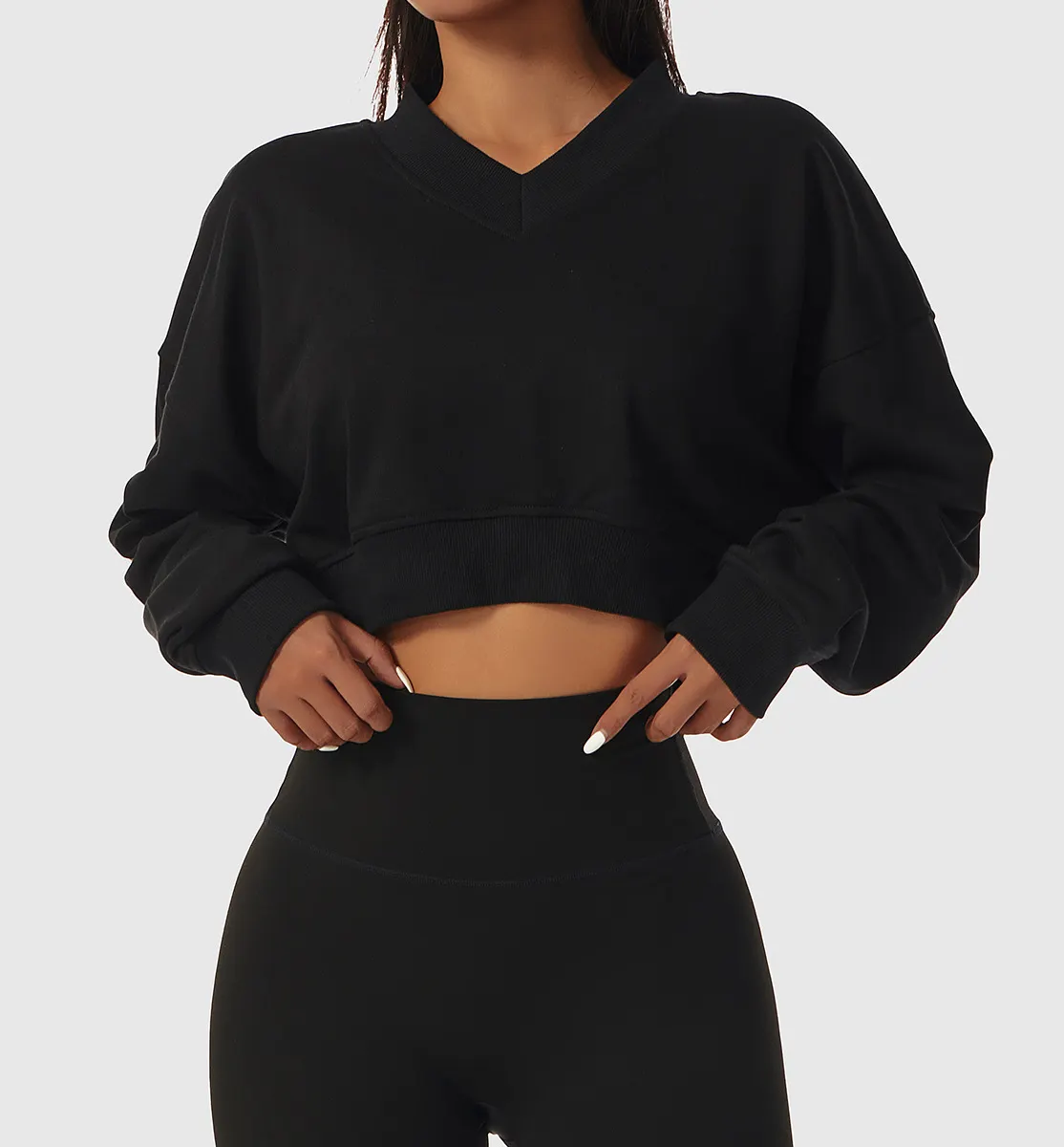 Wholesale Long Sleeve V-neck Crop Top TShirt Casual Solid Loose Fit Workout Cropped Pullover Sweatshirt Women