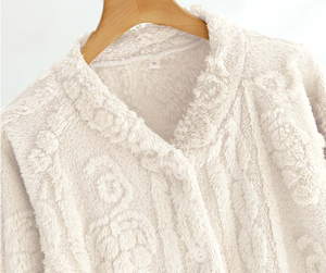 Women Jacquard <strong>Fleece</strong> Pajama Top V Neck Long Sleeve Button Down Fluffy Coral <strong>Fleece</strong> Loungewear Sleepwear <strong>Jacket</strong> With Pockets - Product Image 1
