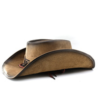 Chapeau de cowboy western en cuir vieilli de haute qualité, chapeau de cowboy à bord incurvé surdimensionné avec emblème de taureau Longhorn et cordon coupe-vent