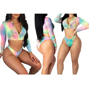 Venta al por mayor de baño de cintura alta-Deportes pantalon playa conjunto de playa de manga larga cintura 2020 nuevo barat tie dye set string bikinis Mujer traje de baño