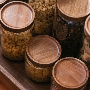 Acacia ไม้เก็บอาหาร Borosilicate แก้ว Jar,คุณภาพสูงใช้ฝาปิด Acacia อาหารแก้ว Jar