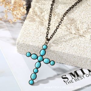 Cross Turquoise Pendant Necklace Set Zinc Alloy Bezel Setting Long <b>Tassel</b> <b>Earrings</b> Fashion Jewelry Geometric Design - Product Image 3