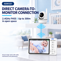 Kit de caméra de surveillance pour bébé comprenant une unité parentale, deux adaptateurs secteur, des câbles USB et un manuel d'utilisation pour les acheteurs au détail ABM501