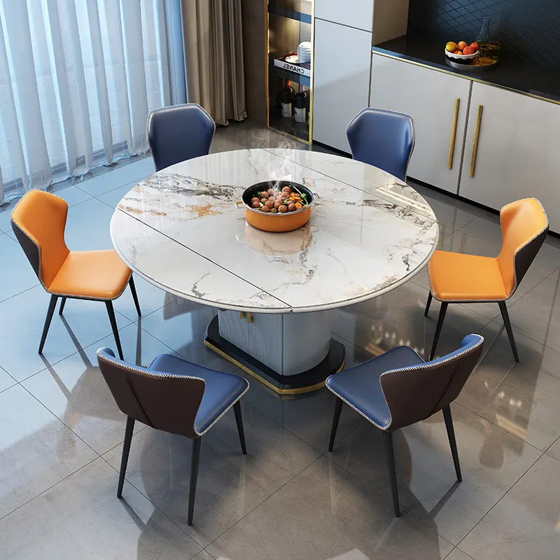 Mesa de comedor extensible de mármol redondo, conjunto de comedor moderno de diseño de lujo
