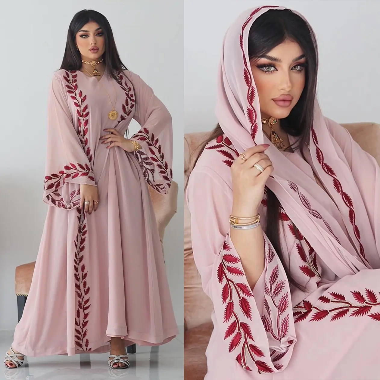 Fashion Chiffon Floral Embroidered Abaya Hijab Dress for Women Pink V Neck Long Sleeve Loose Arabic Muslim Dubai Moroccan Kaftan