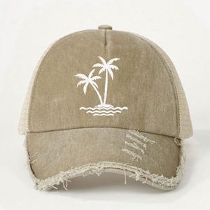 Gorra trucker de verano para exteriores con protección solar, bordado de árbol de coco, tela de malla lavada de alta calidad, gorra trucker desgastada - Product Image 3
