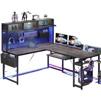 Bureau d'ordinateur de jeu en L réversible avec prises intégrées et panneau perforé, éclairage LED et plateau pour clavier – Grande taille
