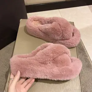Slippers Cute Candy Color Furry Outer Wear Fashion Fall Winter New Style Indoor Warm Plush Cotton Ladies Slippers