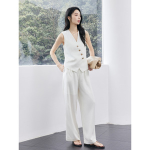 Women Sleeveless Vest Solid Color Button Front Summer Casual Work Wear Two Piece Set - Product Image 2