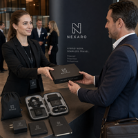 Ensemble cadeau d'affaires personnalisé avec logo pour clients, comprenant un organiseur de technologie, un chargeur, un étui pour passeport et un carnet