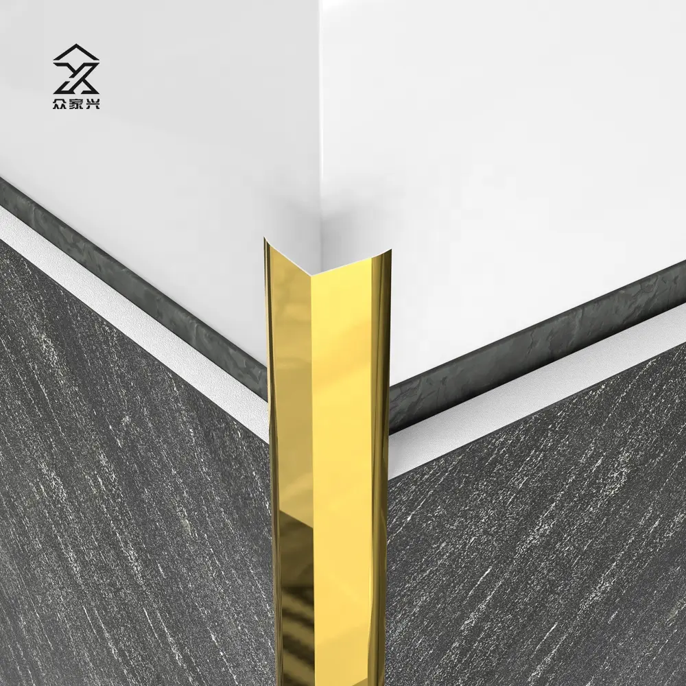 Lis ubin dinding logam campuran aluminium, dekorasi dinding profil lis tepi logam emas bentuk L untuk lantai