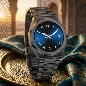 Montre-bracelet étanche pour homme en gros, design personnalisé, en acier inoxydable avec boîte, cadran arabe minimaliste noir et bleu - Product Image 2