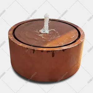 Fonte de água com bombas, fonte de água redonda de aço com ferrugem, ornamento de jardim, mesa redonda