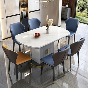 Ensemble de table à manger ovale moderne avec plateau en marbre blanc, 6 places, avec chaises en PU bleues et jaunes, meubles pour la maison - Product Image 5