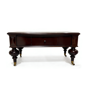 <span class=keywords><strong>Table</strong></span> <span class=keywords><strong>basse</strong></span> <span class=keywords><strong>vintage</strong></span> en bois massif avec tiroir et <span class=keywords><strong>roulettes</strong></span>, finition noyer foncé - Product Image 1