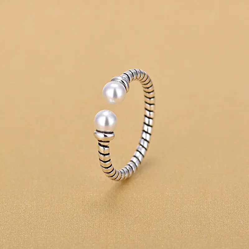 925 Sterling Silver Twist Simulated Round Pearl Rings For Women Adjustable Rings Jewelry