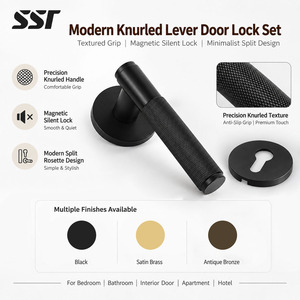 Poignée de porte moderne en laiton moleté pour villa, avec levier et cylindre magnétique factice EU pour intérieur - Product Image 1