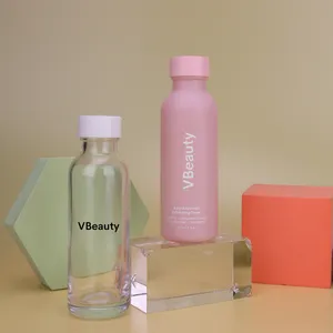 High Quality Frosted Glass Skincare Bottle Lotion Round Clear Lotion Bottle With Pink Caps