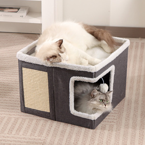 Casa para Gatos Plegable Portátil Grande Personalizada, Diseño de <span class=keywords><strong>Cueva</strong></span> de Tela con Rascador de Sisal y Juguete Colgante para Múltiples Mascotas - Product Image 6