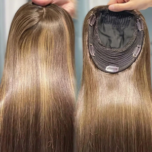 SHY Envío Inmediato Extensiones de Cabello Remy Liso Europeo de 16 Pulgadas con Base de Seda para Mujer, Topper de Cabello con Clip para Cabello Fino, Marrón con Reflejos, 5 Clips - Product Image 1