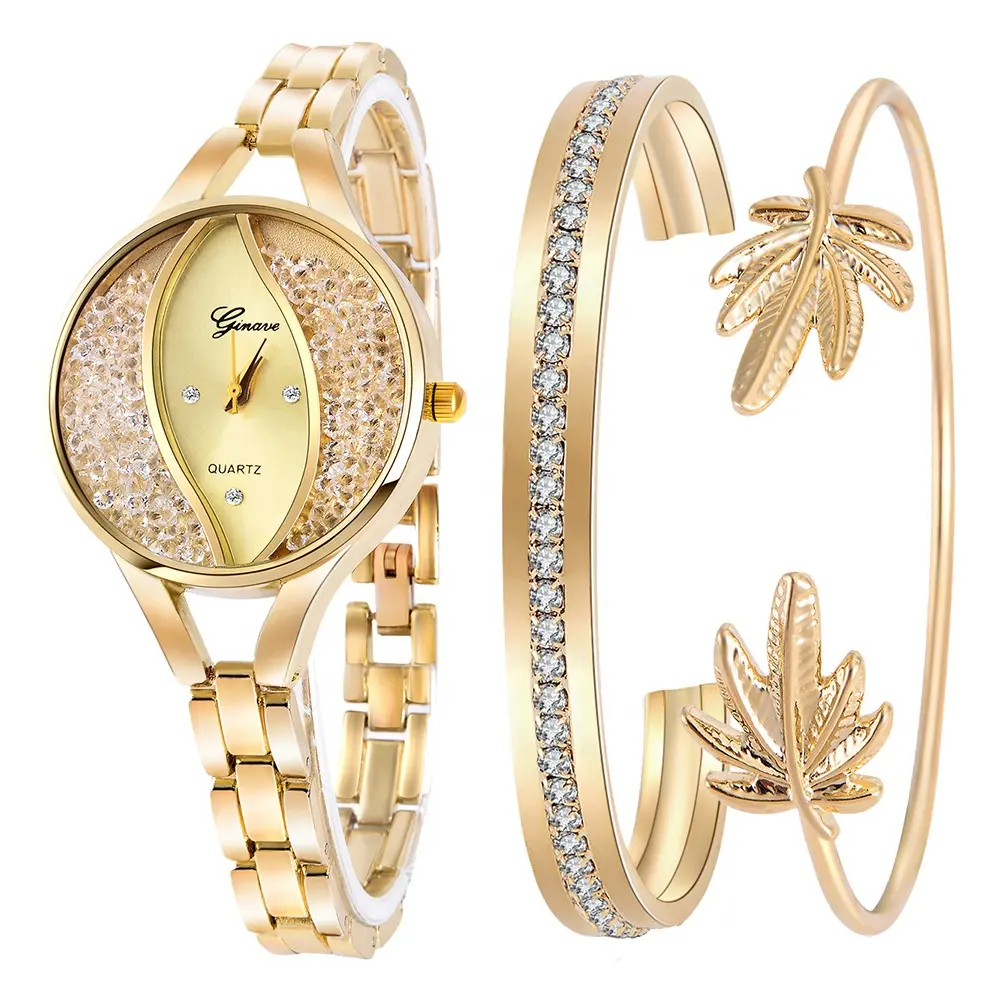 Diamond Bling Watch Jewelry Female Girl Watch Gift Set Gold Bangle Ladies Womens Watch And Bracelet Sets