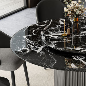 <span class=keywords><strong>Table</strong></span> à manger ronde moderne de luxe, design inspiré de l'Art déco, avec plateau en pierre à motif marbré et base en métal pour villa. - Product Image 5
