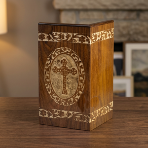 Brown Wooden Cremation Urn With Engraved Cross European Style Adult <b>Memorial</b> Storage <b>Box</b> Customizable Designs - Product Image 3