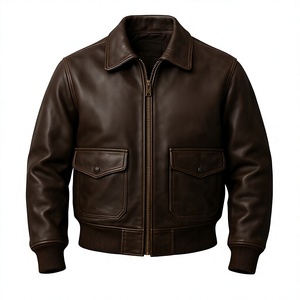Blouson aviateur en cuir véritable marron pour homme, col rabattu, fermeture éclair, style motard, vêtement d'automne - Product Image 1