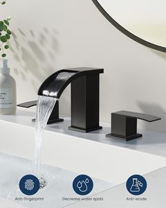 Grifo de Baño <span class=keywords><strong>Cascada</strong></span> de 8 Pulgadas de Ancho, de Latón, con 2 Manijas y 3 Orificios, Montado en Cubierta, Sin Contacto, Estilo Rústico, con Válvula de Desagüe Automática y Ahorro de <span class=keywords><strong>Agua</strong></span> - Product Image 1