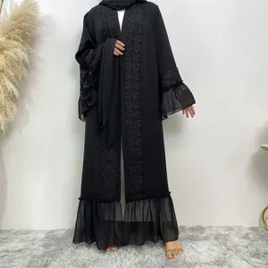 Новый гладкий материал Nida супер черный популярный дизайн черный цветок вышивка с шифоновой плиссированной большой манжетой женщины Eid Abaya