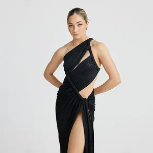 New Arrival Shiny Unique Ruched Maxi Dress Women Unique Sexy High Side Split Solid Female Party Evening Elegant Bodycon