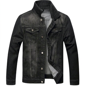 Veste en jean noire délavée pour homme, col montant, style décontracté, fermeture boutonnée simple, longueur standard, couleur unie, en vente - Product Image 1