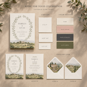 Suite d'invitations de mariage personnalisées illustrées sur le thème d'une destination, avec pochette imprimée paysage de villa et cartes en papier assorties - Product Image 5