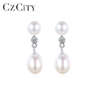 CZCITY CZCITY Élégantes Boucles d'Oreilles Pendante de Luxe Tendance pour Femme en Argent Sterling 925 avec Perles de Riz et Perles d'Eau Douce pour Mariage