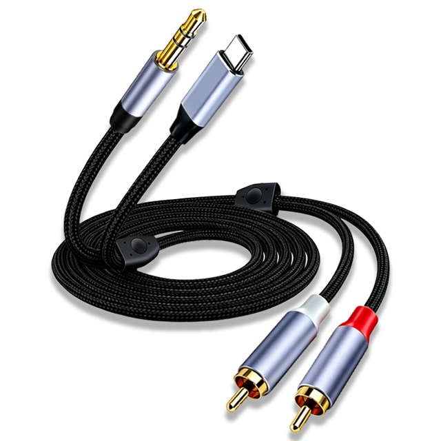 Type-c 3.5mm to Dual RCA Audio Cable Portable Gold Plated Nylon Braided 2 in 1 Splitter 2RCA Audio Cable for Car Phones Speakers