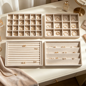 Plateau de présentation de bijoux en velours beige, plusieurs styles de grilles pour bagues, boucles d'oreilles, colliers, plateau de rangement de bijoux pour magasin de détail - Product Image 4