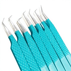 Pince à épiler professionnelle pour extensions de cils, pointe fine, poignée bleue, pointe argentée, poignée diamant, acier inoxydable, logo personnalisé - Product Image 1