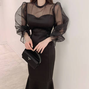 فستان نسائي أنيق بأكمام طويلة بلون موحد للربيع والصيف، تصميم جديد لعام 2026 بياقة مستديرة على الطراز الكوري - Product Image 2