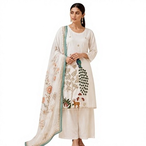 Salwar Kameez Blanco Bordado para Mujer, Corte Holgado, Largo hasta el Tobillo, Algodón, Estilo Tradicional Informal de India y Pakistán, para Todas las Temporadas - Product Image 1