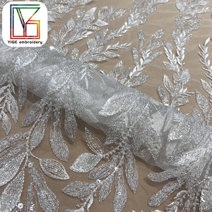 Thiết kế mới lá đính cườm sequin vải tuyn ren sang trọng pháp Bridal thêu với hạt <span class=keywords><strong>Net</strong></span> Ren Vải cho váy cưới - Product Image 4