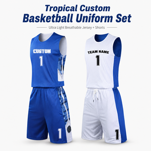 Set di Uniformi Personalizzate per Squadre di Basket Tropicali, Maglia e Pantaloncini Ultra Leggeri e Traspiranti, Asciugatura Rapida per Clima Caldo, Sublimazione su Rete, Basso MOQ - Product Image 1