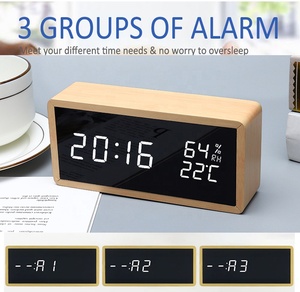 Bán buôn Tabletop LED tre Acrylic đồng hồ với nhiệt độ humidty 3 Báo động Điều khiển bằng giọng nói gỗ sáng làm cho lịch cho nhà - Product Image 3