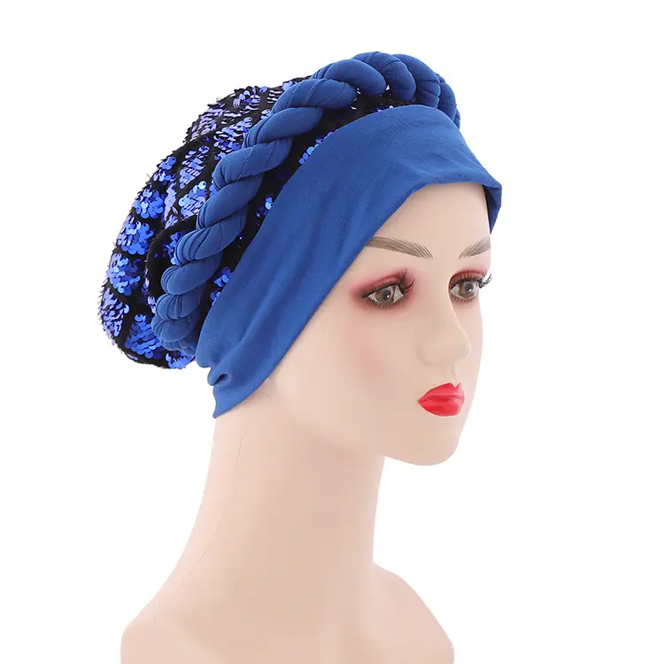 New fancy ladies fashion morbido tinta unita avvolgere la testa donne africane musulmane moda treccia auto gele turbante cappello paillettes treccia cappellini