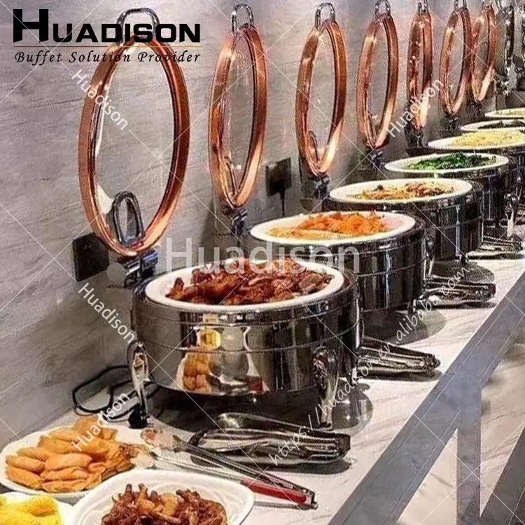 Huadison 호텔 장비 304 스테인레스 스틸 라운드 로즈 골드 6L chaffing 접시 음식 따뜻한 세트 취사