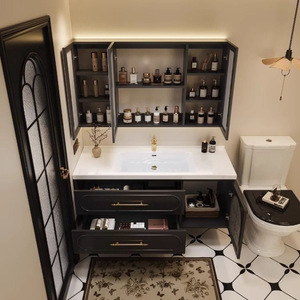 Meuble de salle de bain noir américain, miroir décoratif ovale, armoire de rangement pour salle de bain, combinaison lavabo - Product Image 6