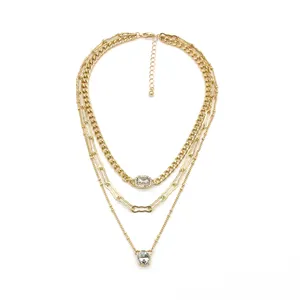 새로운 패션 다층 긴 체인 스퀘어 펜던트 다이아몬드 금속 레트로 수제 체인 간단한 목걸이
